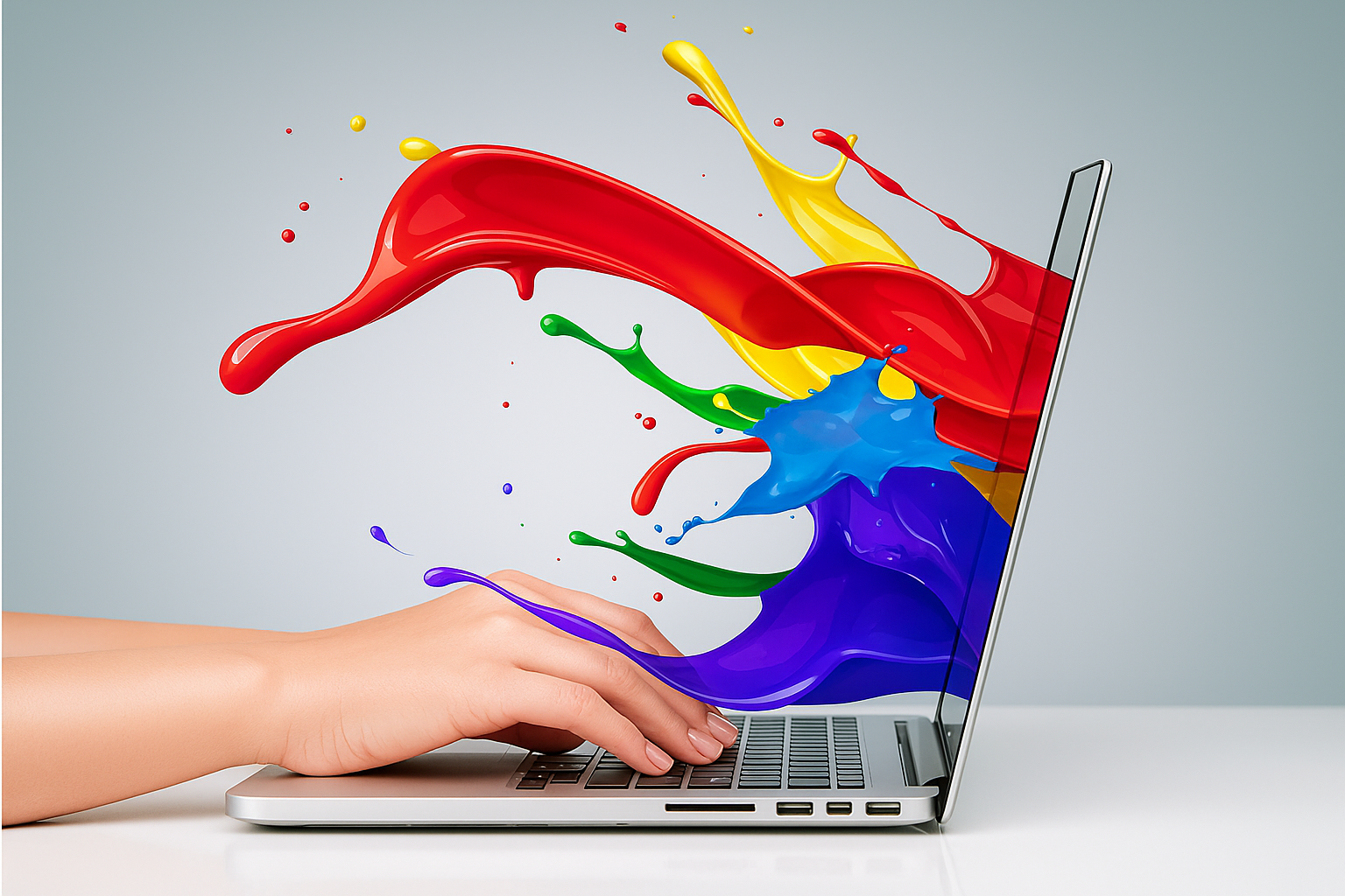 A hand typing on a laptop with vibrant paint splashing out of the screen